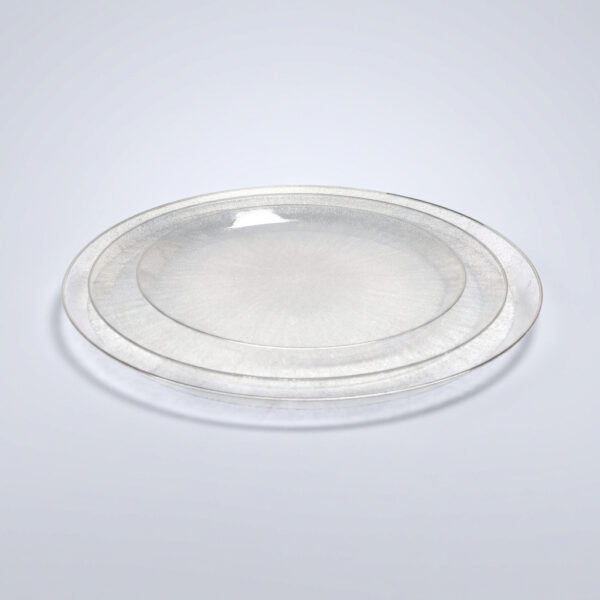 צלחות חד פעמיות בצבע אפור שקוף עם פס זהב