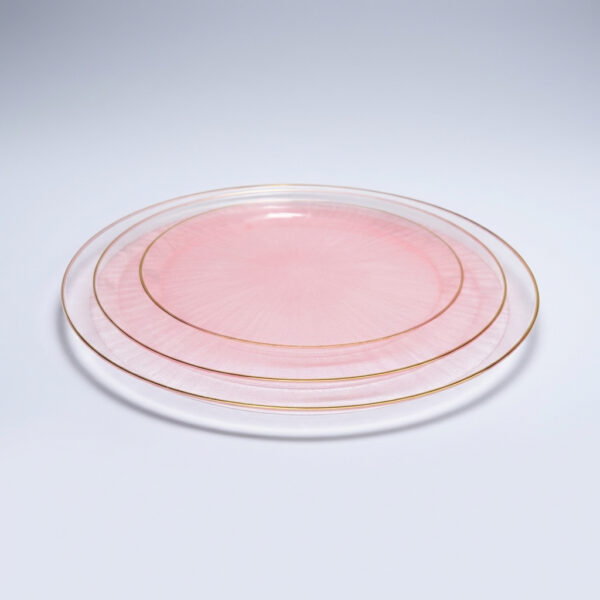 צלחות חד פעמיות ורוד שקוף עם פס זהב