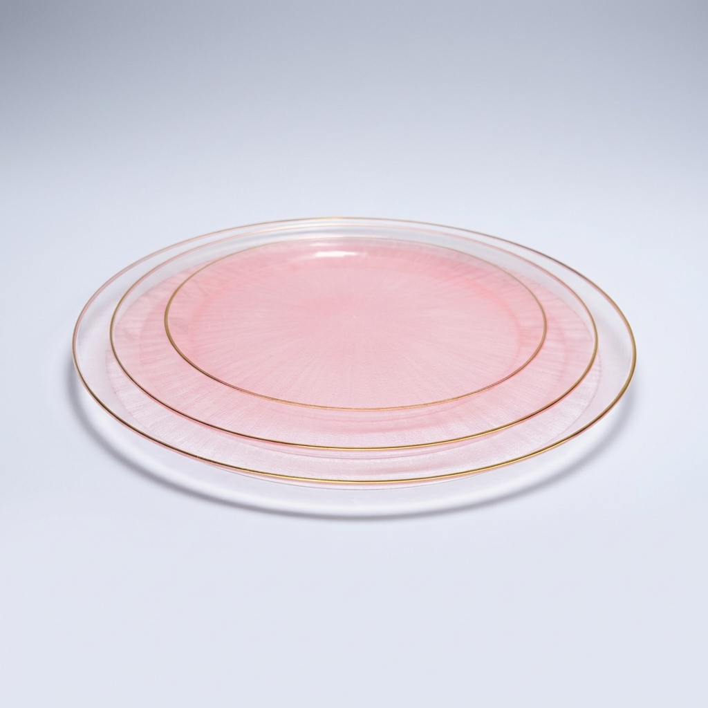 צלחות ורוד שקוף עם פס זהב צלחות חד פעמיות ורוד שקוף עם פס זהב