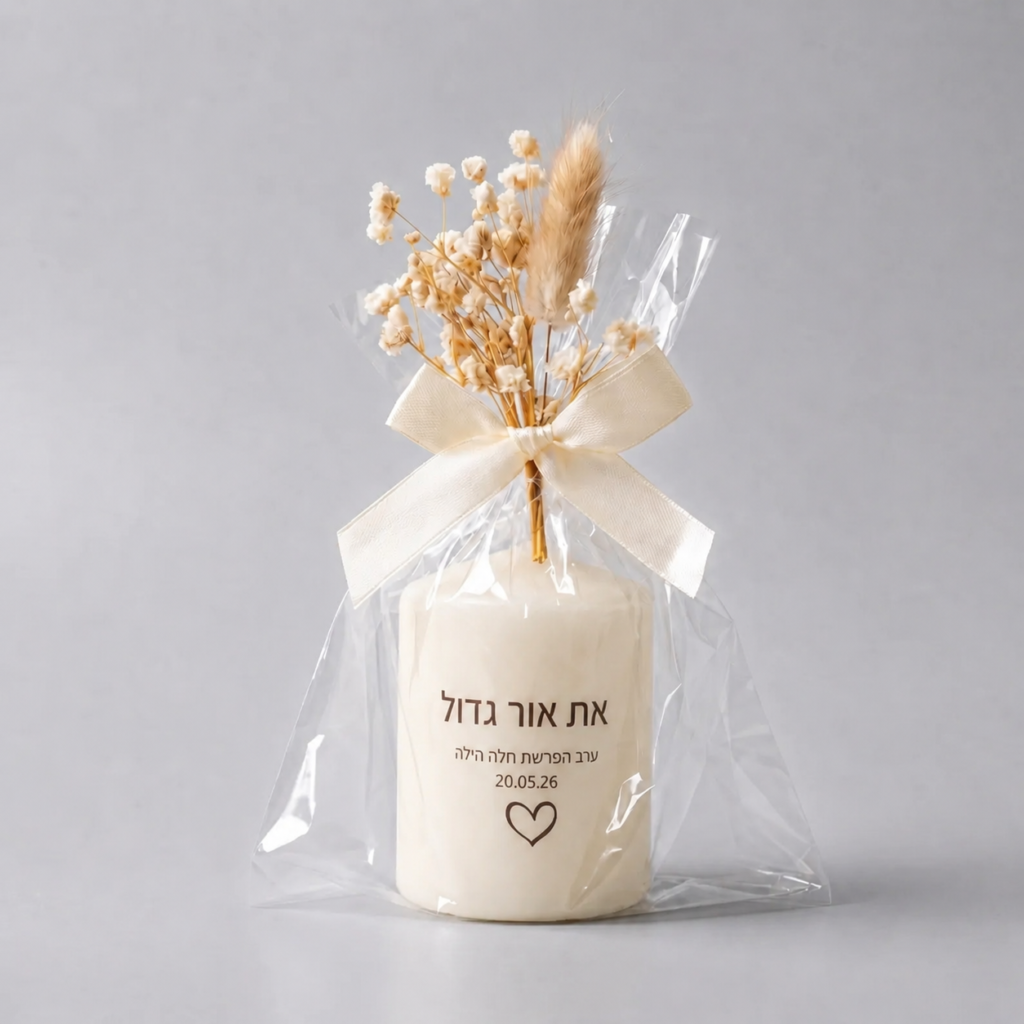 נר עם הקדשה אישית מתנה מזכרת לאורחים