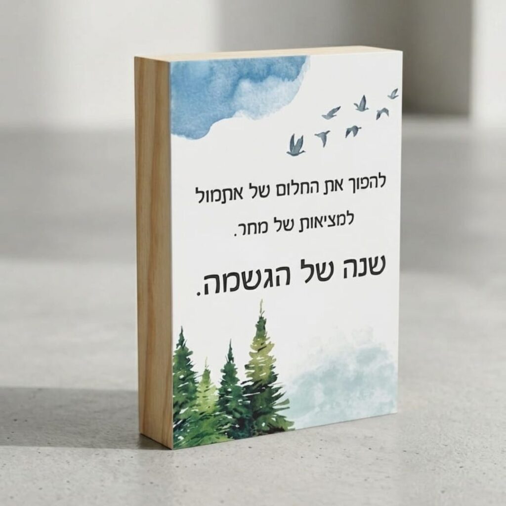 בלוק עץ לראש השנה עם הקדשה אישית - דגם שנה של הגשמה