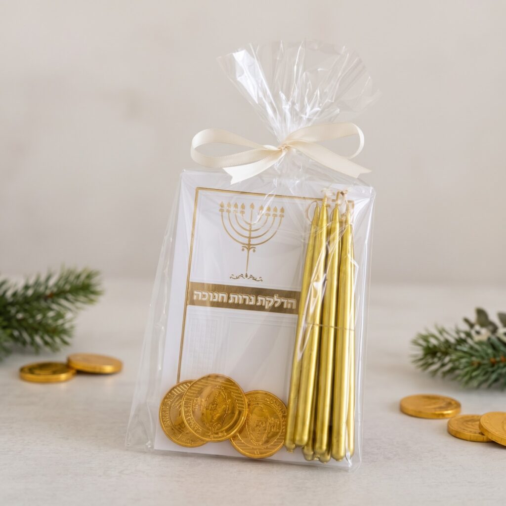 מארז ברכון לחנוכה עם נרות זהב ומטבעות שוקולד