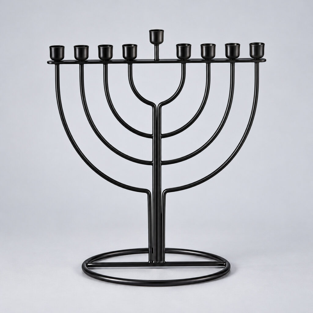 חנוכיית מתכת מעוצבת בצבע שחור על רקע סטודיו אפור בהיר