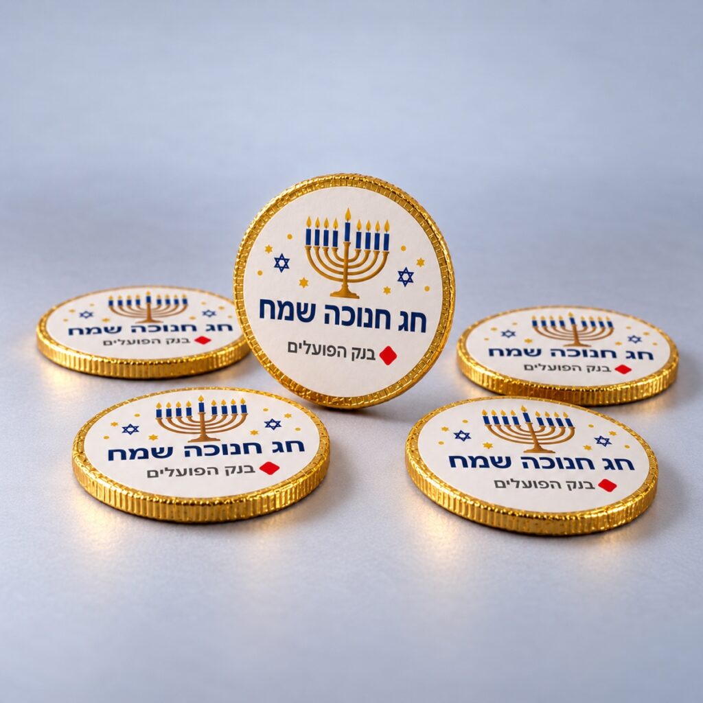מטבעות שוקולד לחנוכה בעטיפת זהב עם מדבקה ממותגת חג חנוכה שמח ולוגו בנק הפועלים – דוגמת מיתוג
